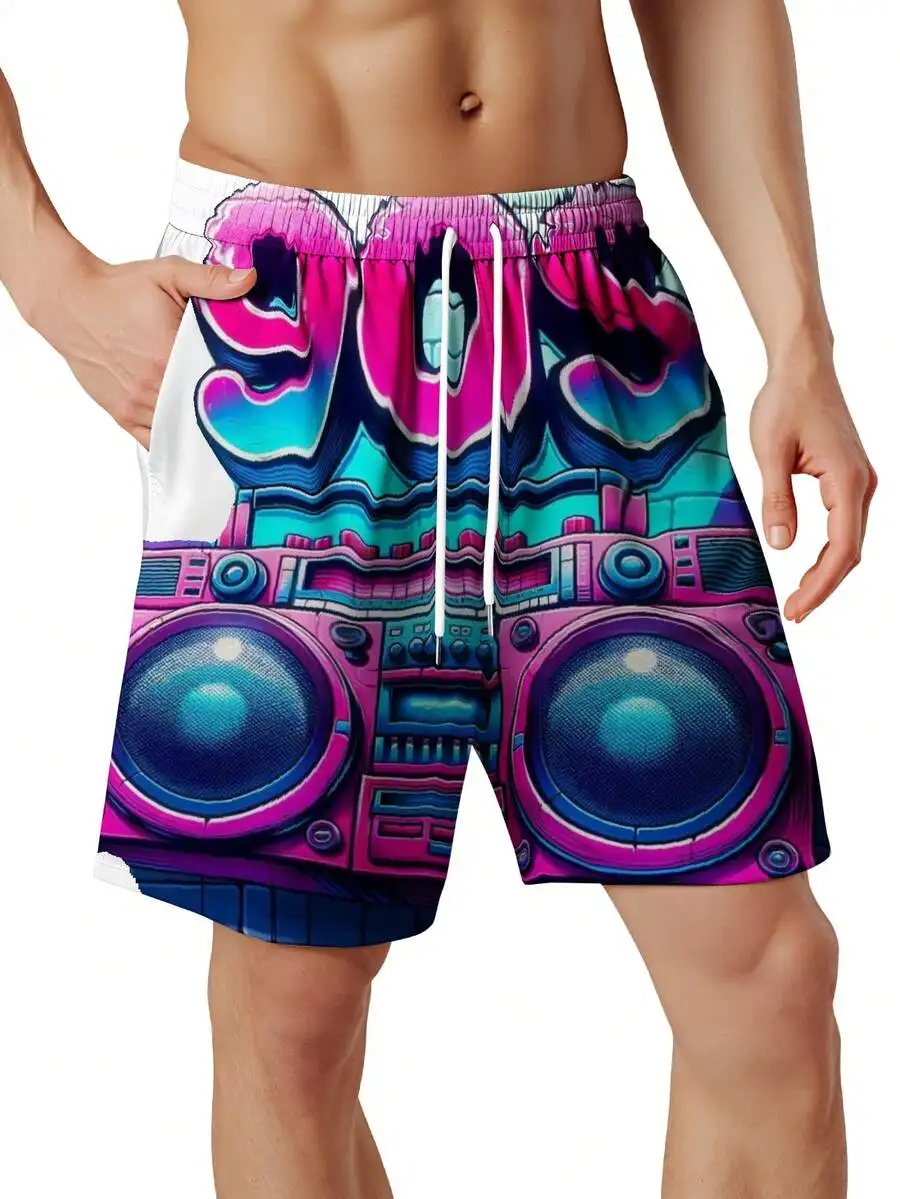 

90s Graffiti Boombox Print Swim Trunks Men Retro Street Art Beach Shorts Summer Casual Wear