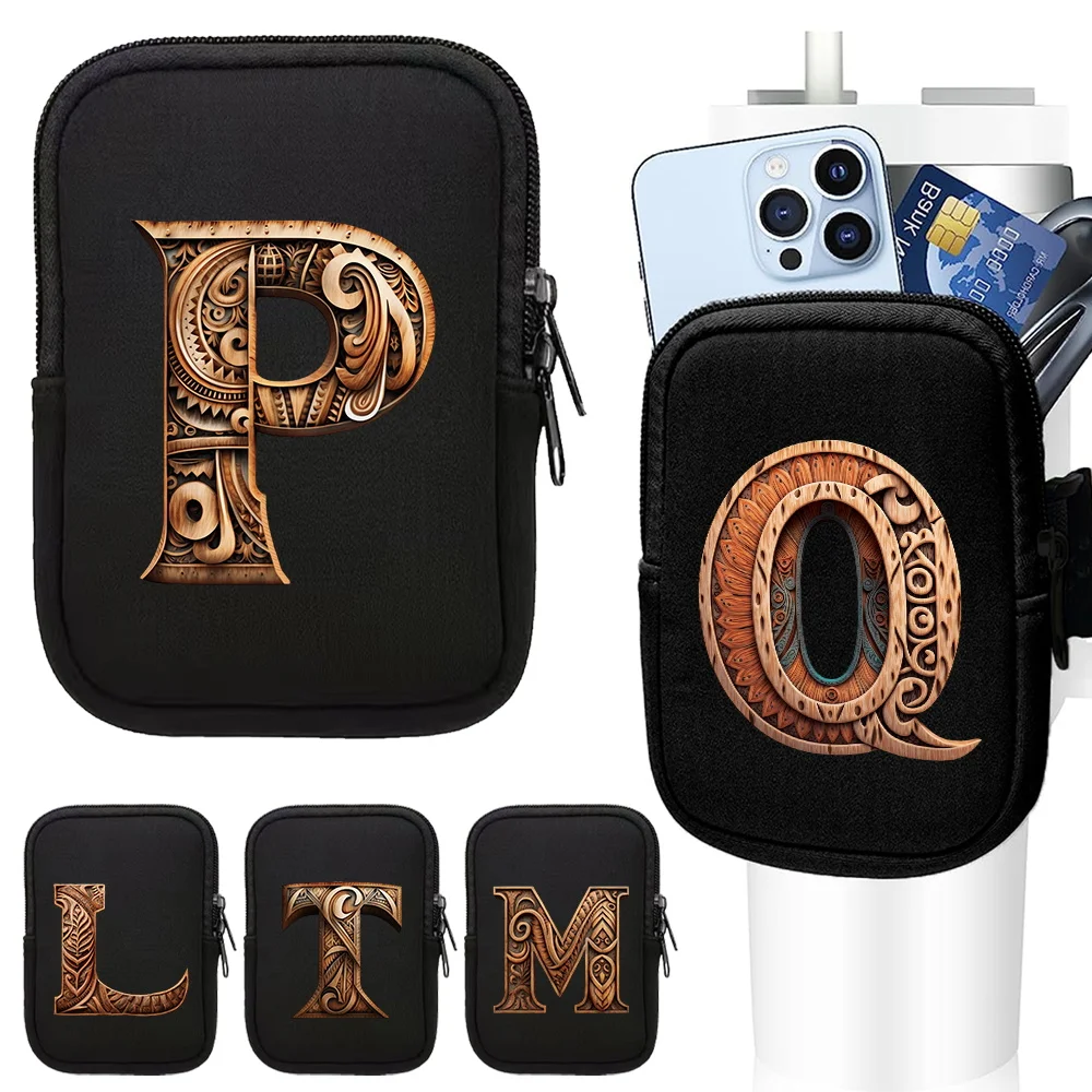 Water Bottle Pouch for Stanley Cup 40oz/20oz/30oz Water Bottle Wood Art Letter Series Tumbler Bag for Cards Keys Wallet Earphone