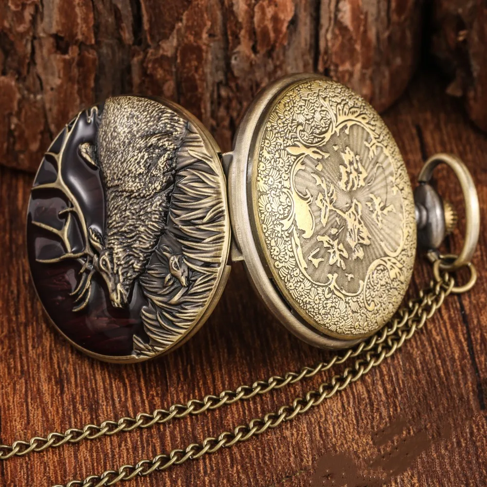 Hot selling bronze retro quartz big pocket watch red dripping glue elk design men and women gift souvenirs