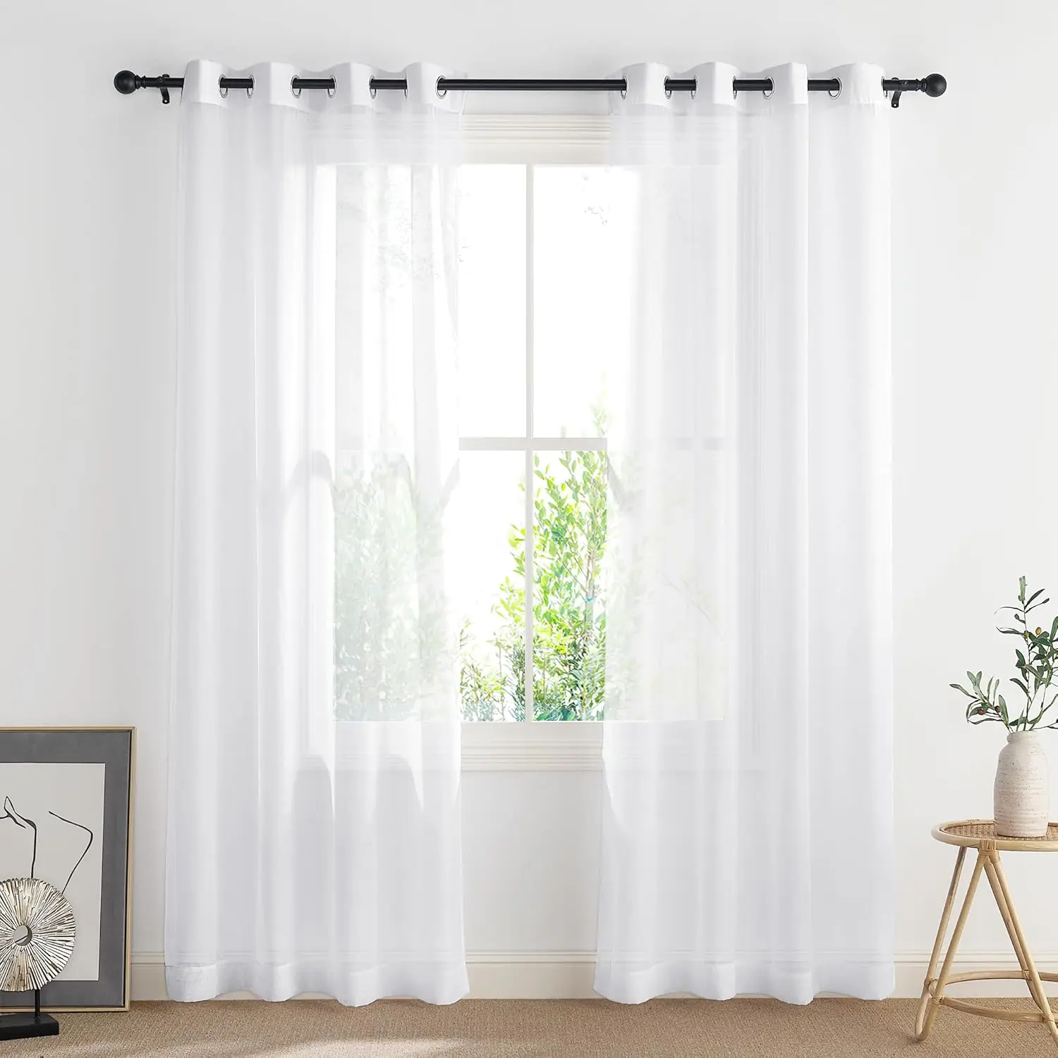 Weiße Ösen-Vorhänge 132CM Halbtransparente Fensternetzvorhänge für Schlafzimmer/Wohnzimmer Luftige Leichte Durchsichtige Gardinen