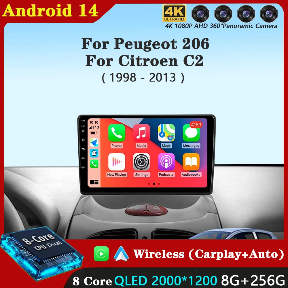 

Android 14 Carplay Auto для Peugeot 206 1998-2012 для Citroen C2 2006-2013, автомобильный радиоприемник, мультимедийный видеоплеер, навигация, GPS