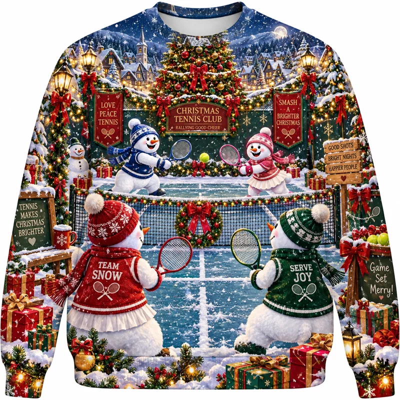 Christmas Tennis Sweatshirt Santa Jesus Dog Reindeer Gingerbread Snowman Crewneck Xmas Pullover Holiday Sports Party Gift Top
