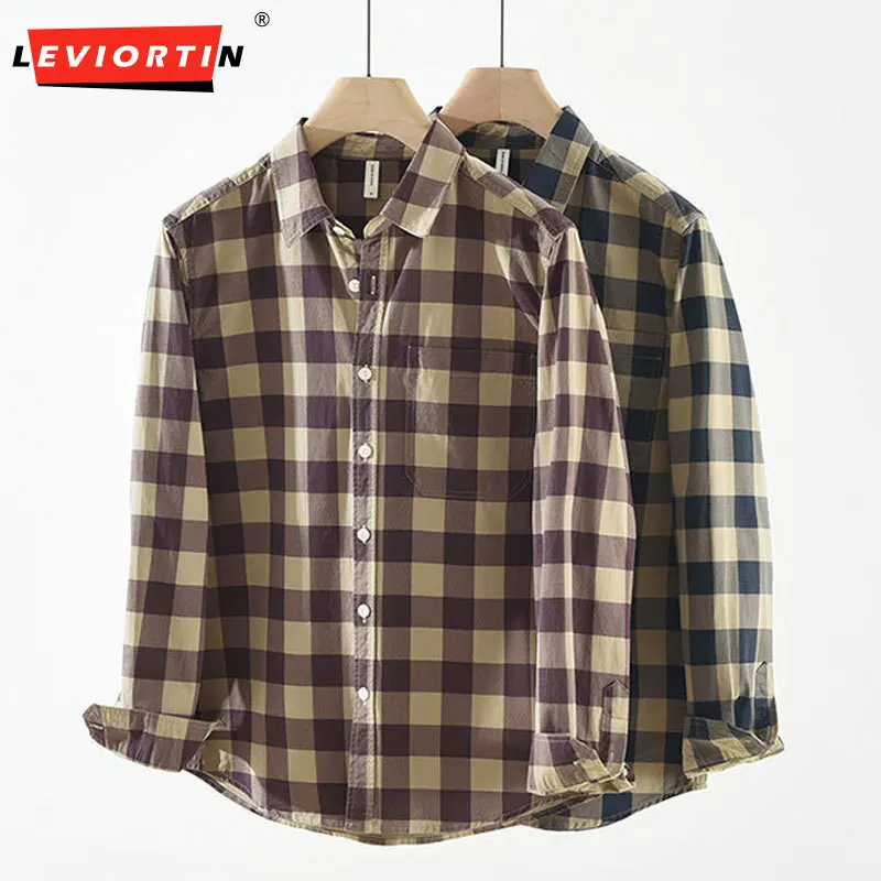 Vintage Checkered Flannel Long Sleeve Shirt for Men Casual Spring & Fall Loose Button Down Top Work Shirt with Single Pocket