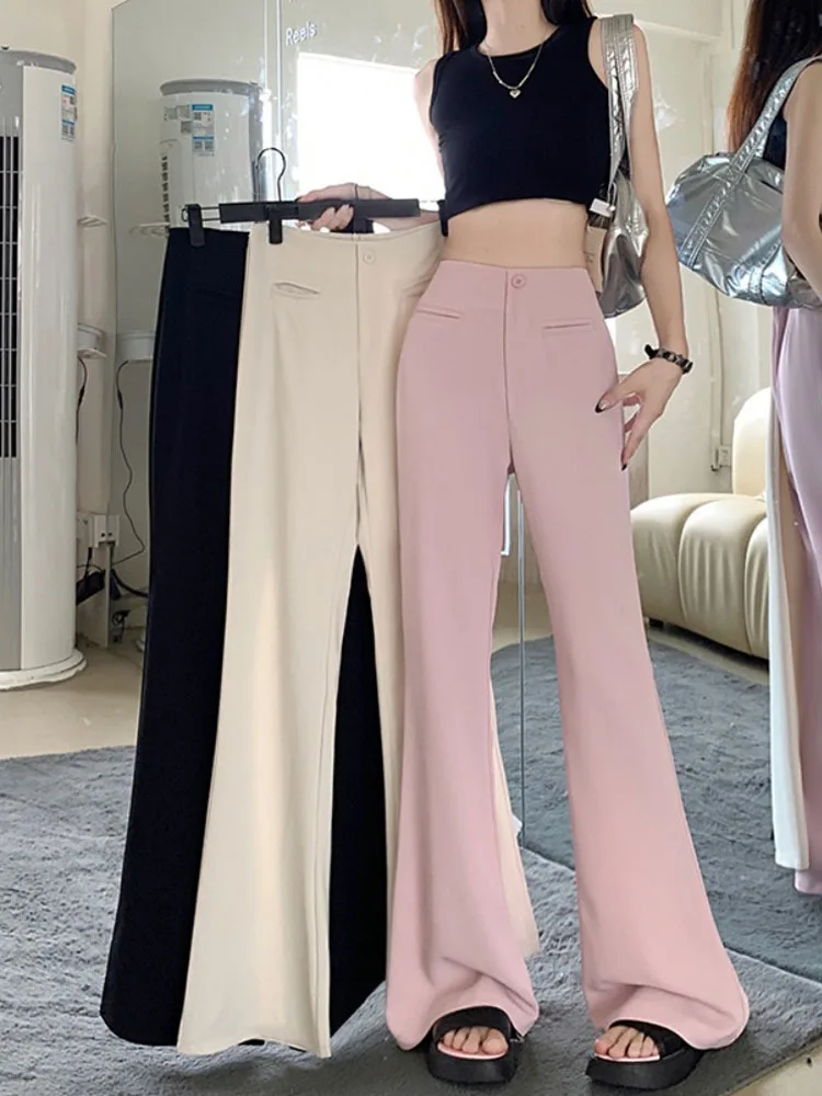 Black Elegant Casual Flare Pants Women Button Korean Style Fashion Long Pants Female High Waist Vintage Designer Pants 2023 New