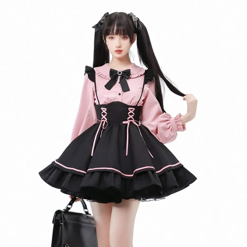 Estilo gótico lolita jk saia conjunto feminino kawii peter pan colarinho arco blusa fina bandagem suspender saia feminino japonês doce terno