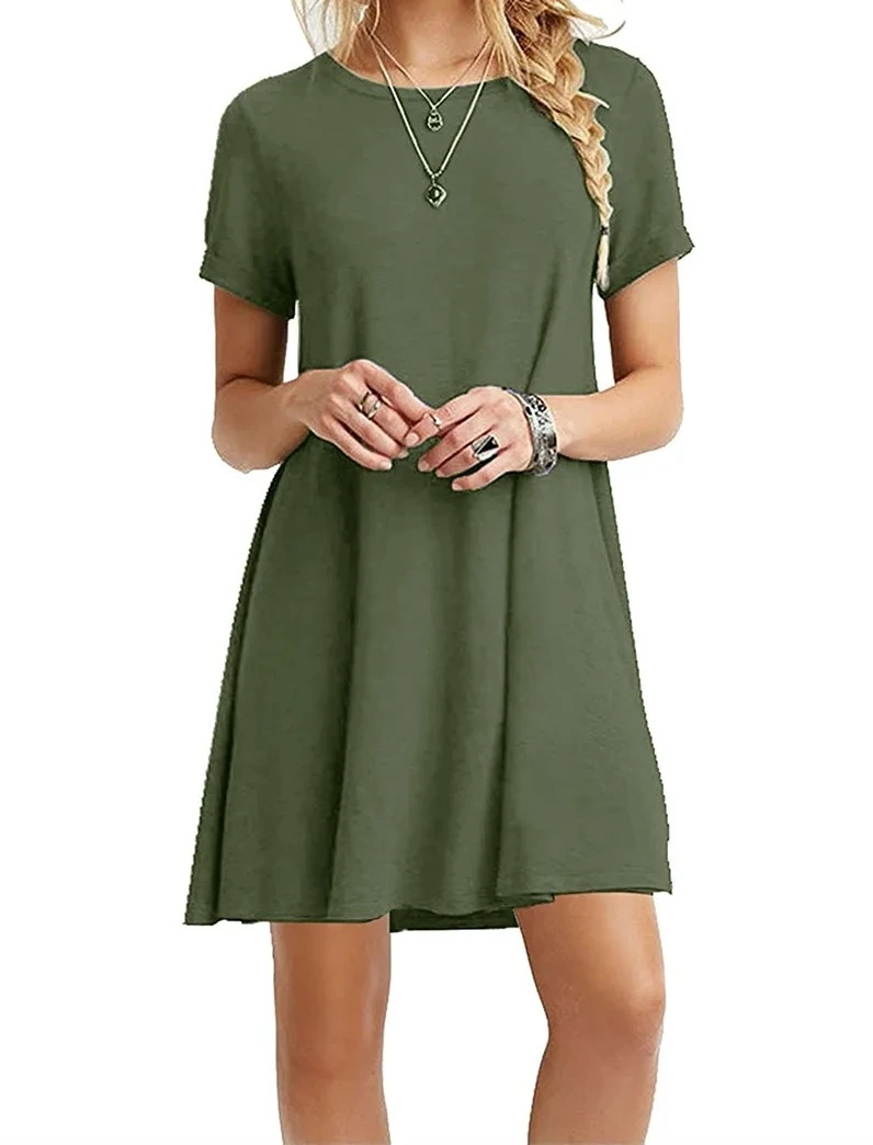 Women Mini Dress Summer Casual Boho Beach Dresses Solid Color O-Neck Short Sleeve Party A-Line Dress Vestidos