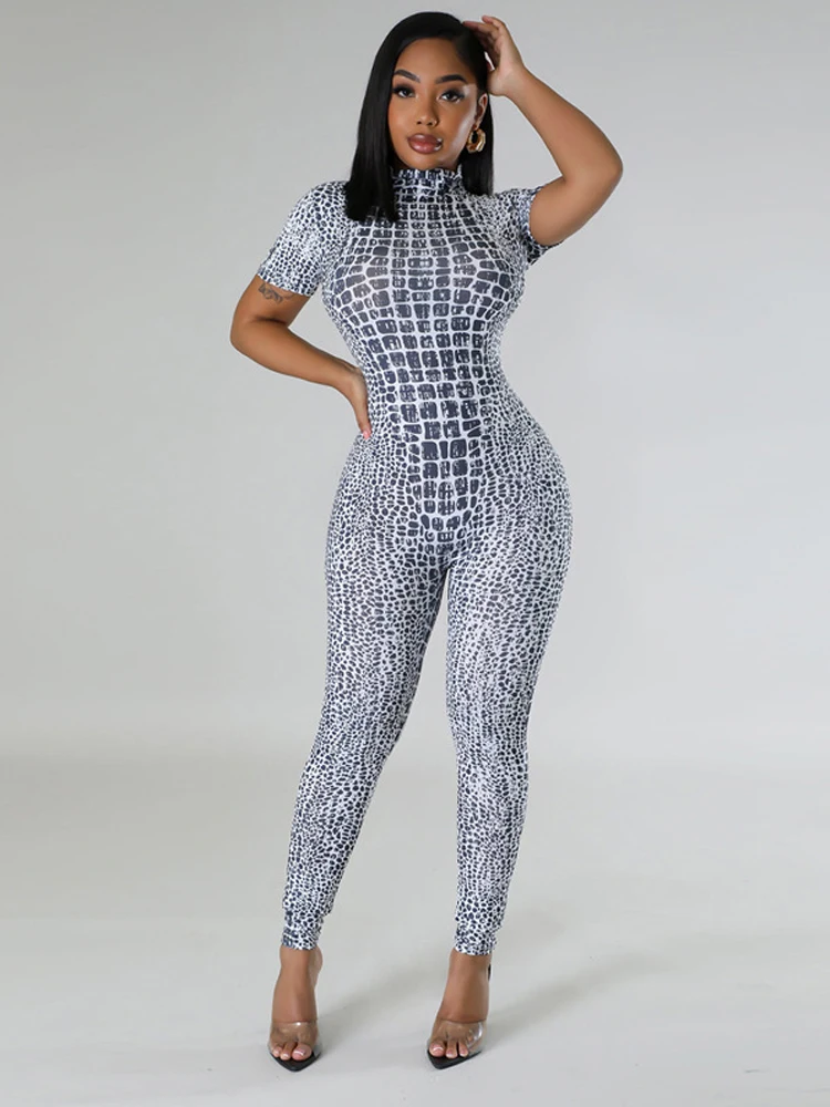 Printed Jumpsuit New Tight And Sexy Short Sleeved High Necked Casual And Sexy Fashion Women\'s Jumpsuit Long Pants