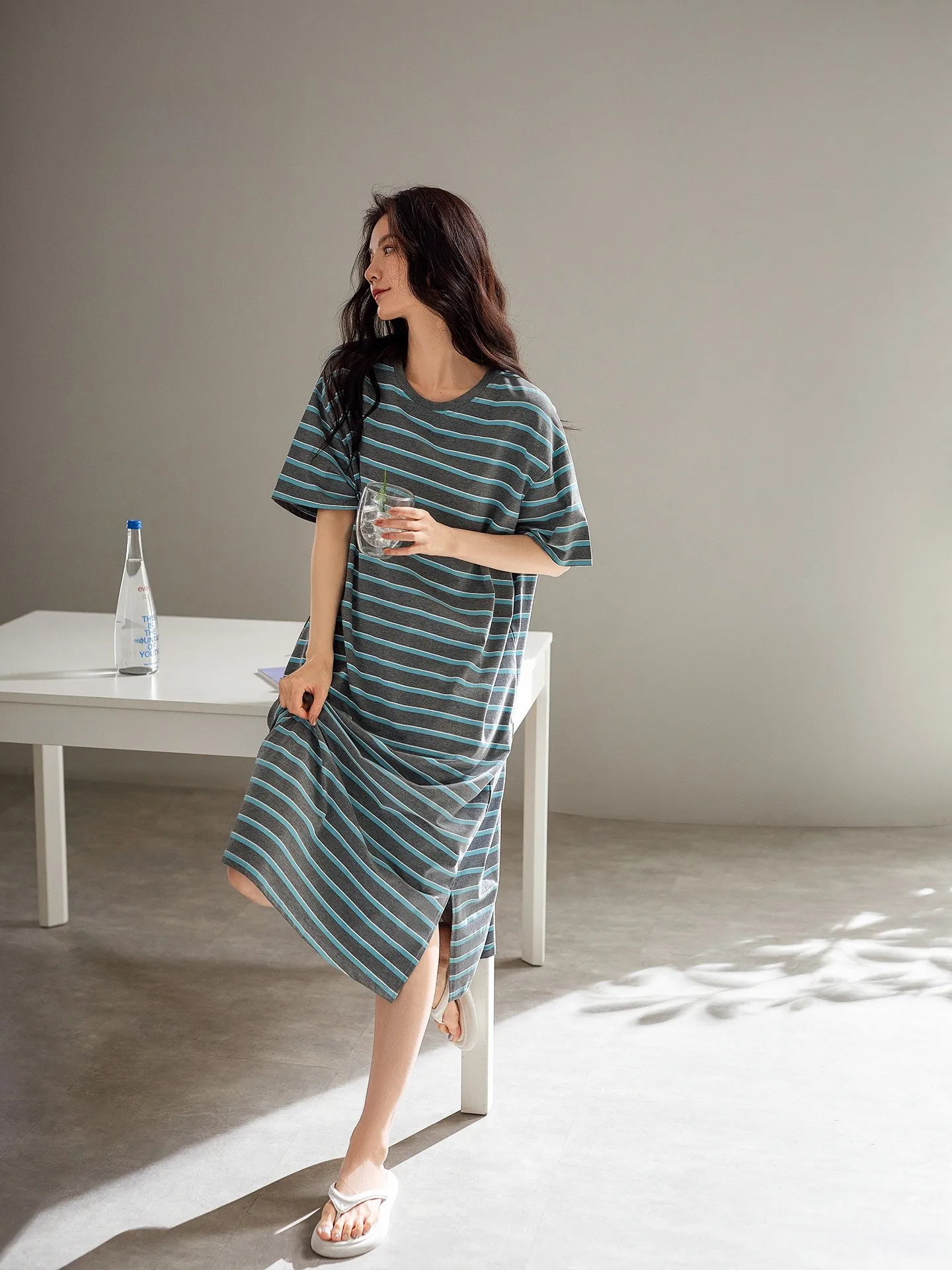 Homefins Women's Nightgown Summer Thin Modal Short Sleeve Long Dress Striped Dress Can Be Worn outside Home Comfortable Sleep...