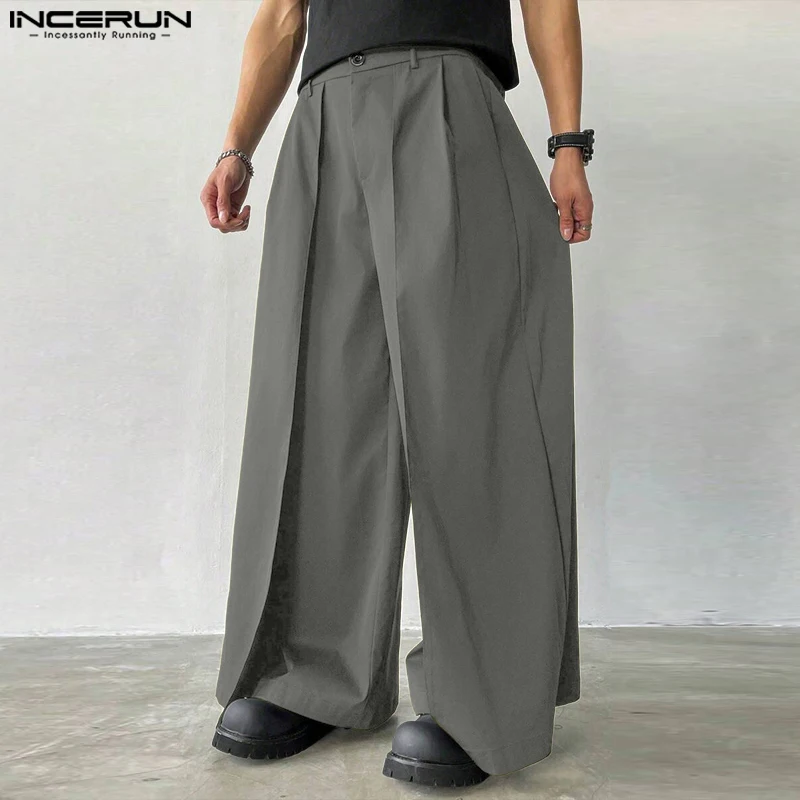 

INCERUN Men Wide Leg Pants Solid Color Button Loose Joggers Trousers Men Streetwear Loose 2025 Korean Style Fashion Long Pants