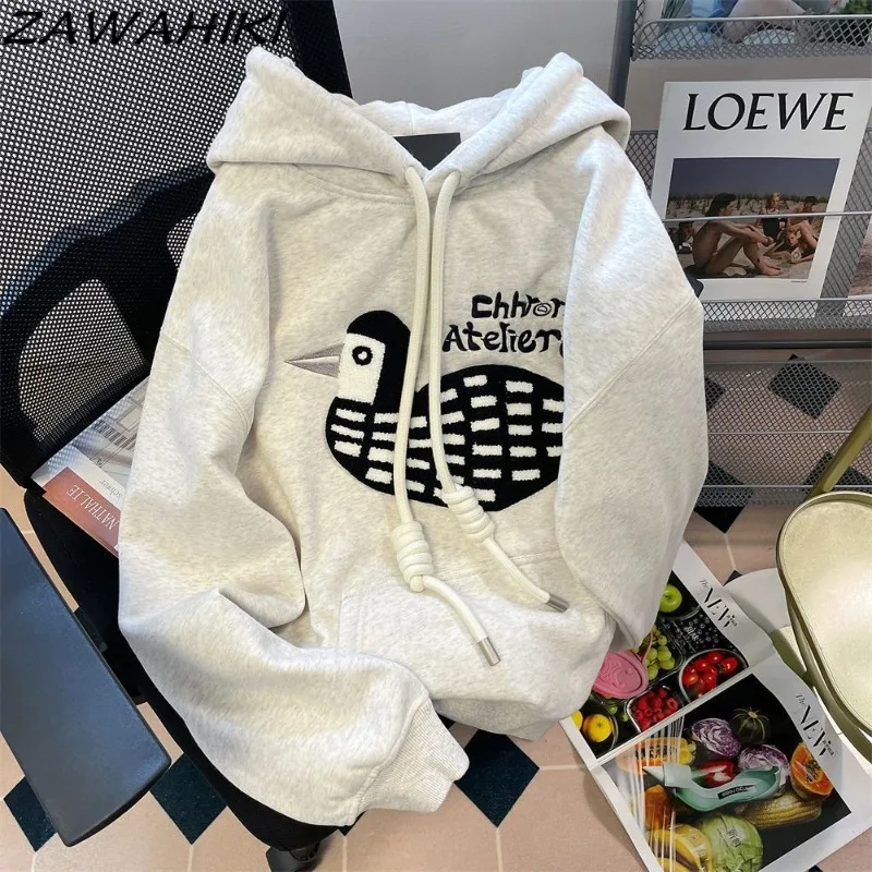 

ZAWAHIKI Sweatshirt Hoodies Women American Retro Preppy Vintage Spring Fall Chic Designed Letter Cartoon Embroidery Pullover