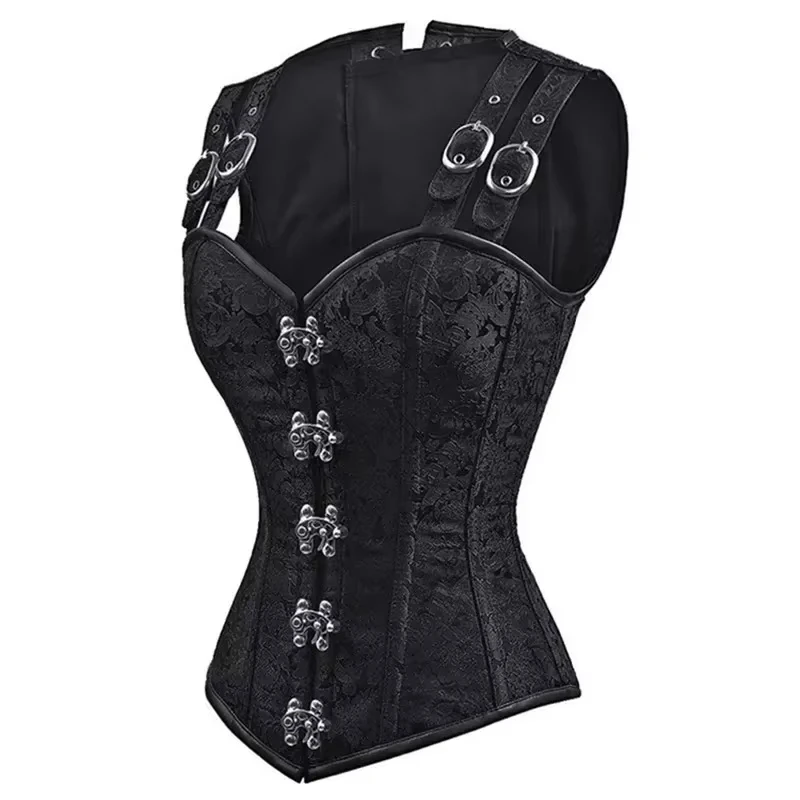 Women Corset with Shoulder Straps Overbust Bustier Plus Size Floral Jacquard Gothic Corset Top Steampunk Corset Vest