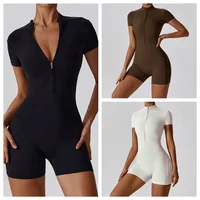 Mono de yoga de manga corta con cremallera para mujer, mono ajustado transpirable de secado rápido para gimnasio, ropa deportiva para correr
