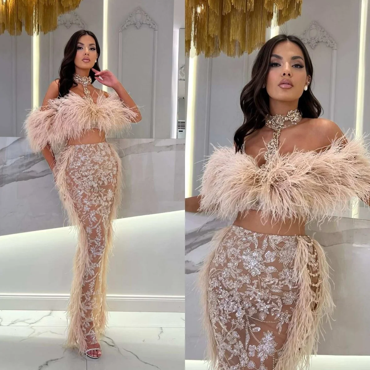 Luxury Evening Dresses For Women Pearls Crystal Feather Gown High Collar Off Shoulder Sleeveless Two-pieces Customized Dress