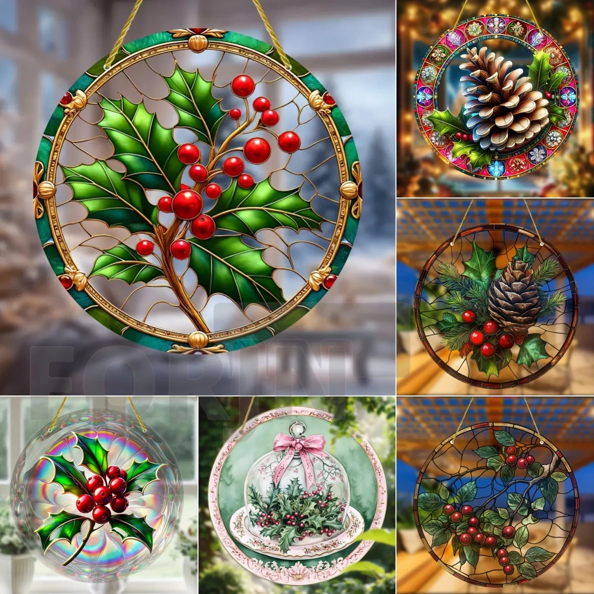 Charming Christmas Pinecone Holly and Berries,Acrylic Suncatcher,Round Translucent Hanging-Home,Party,Bar,cafe Window,club Decor