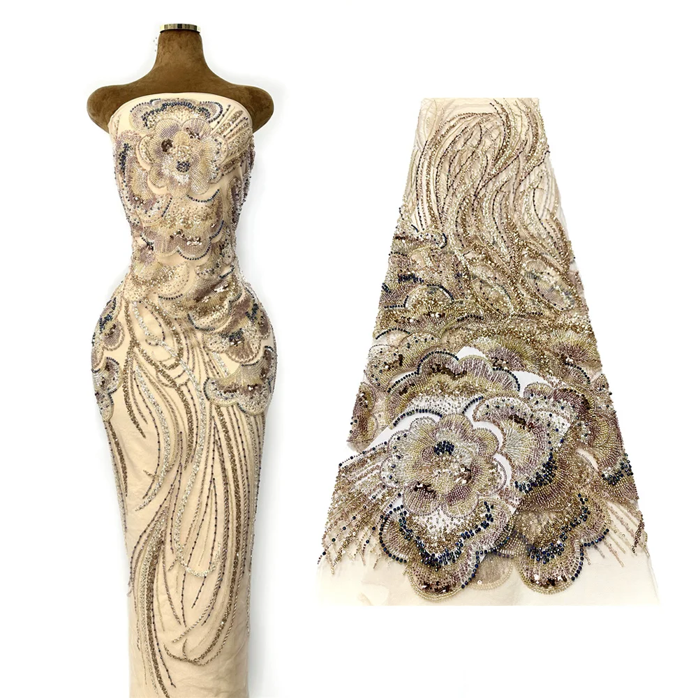 

African Bridal Lace Fabric 2025 high quality French Nigerian tulle sequined embroidered beaded fabric lady gown wedding dress