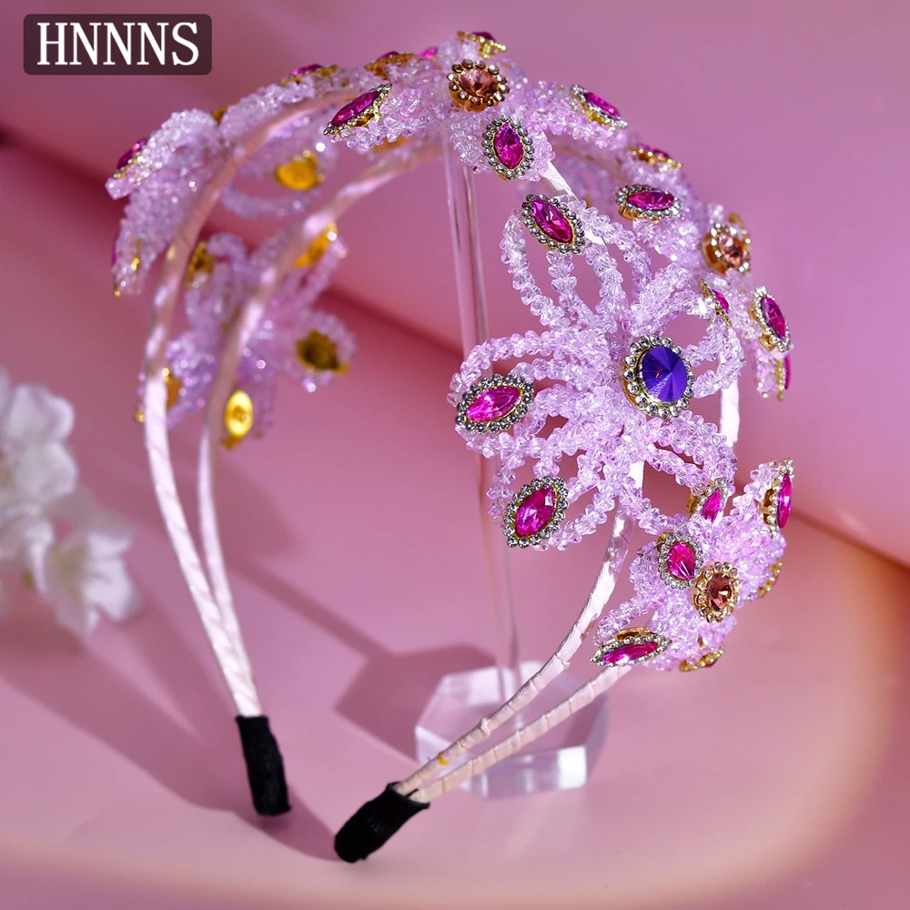 

HNNNS Gorgeous Dress Hair Accessory Pink Crystal Flower Headband Handmade Beaded Headwear Elegant Heavy Industry Headdress A166