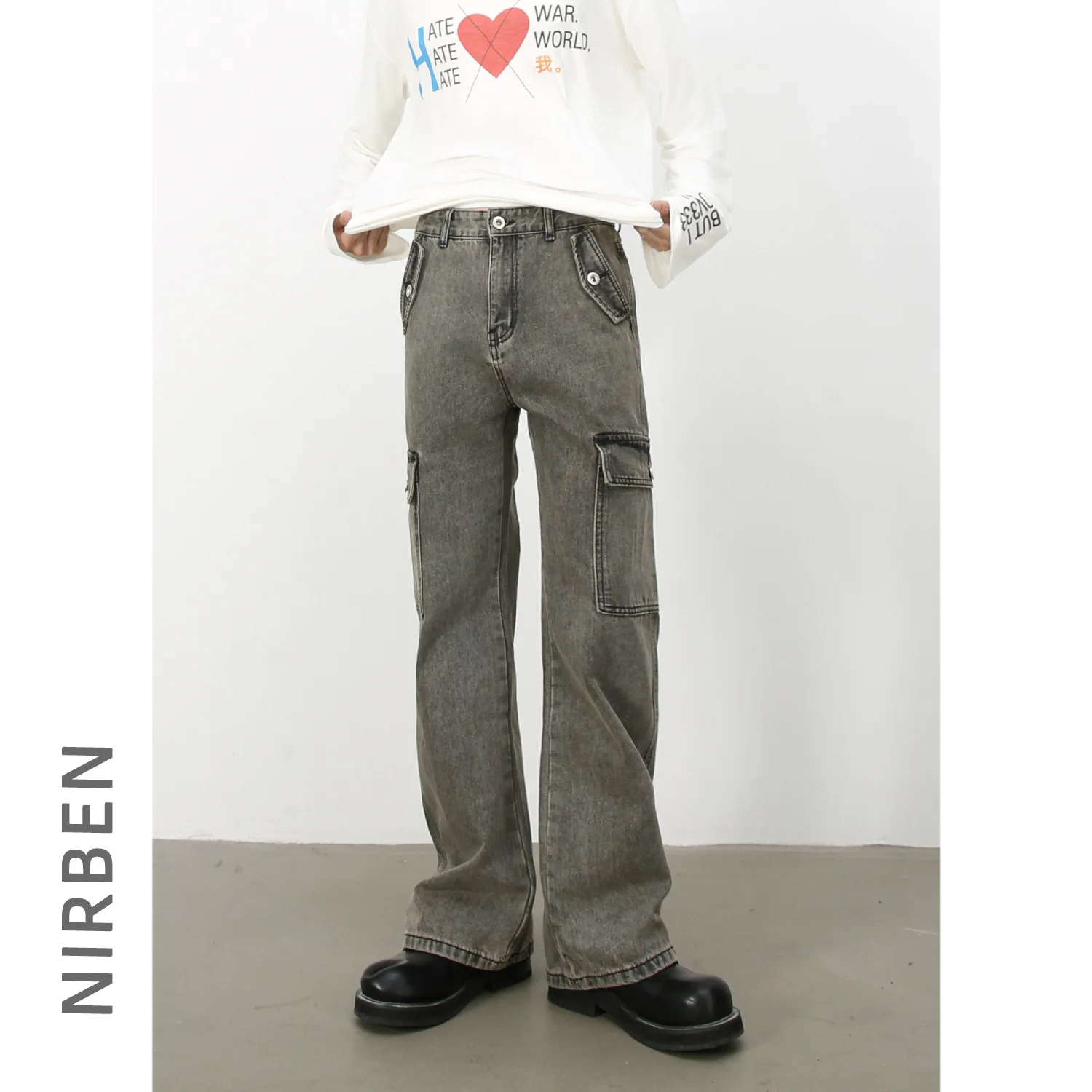 Denim American High Street Tooling Jeans Men's Retro Straight Loose Mopping Casual Micro-pull Trousers