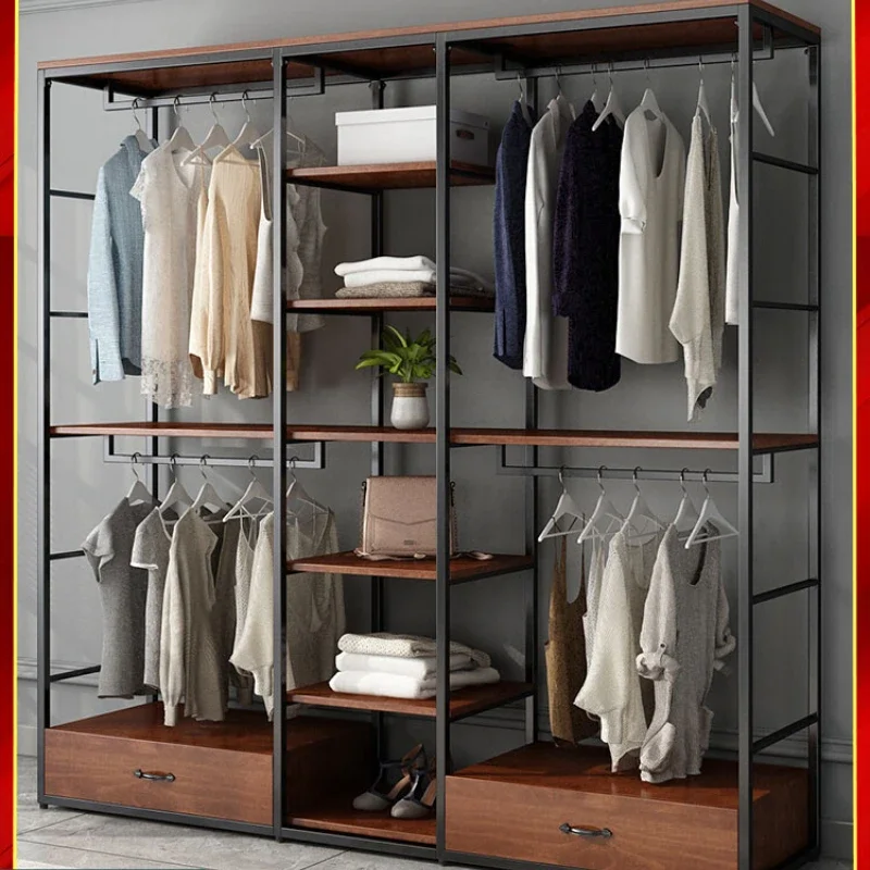 Walk-in simple wardrobe home bedroom wrought iron rack metal cloakroom loft open coat rack