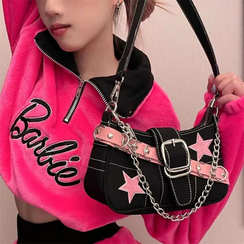 

Denim Bag Cool Dark Pink Star Metal Chain Fashion Harajuku Style Women's Bag Underarm Bag Tote Bag Purses Handbags Baguett