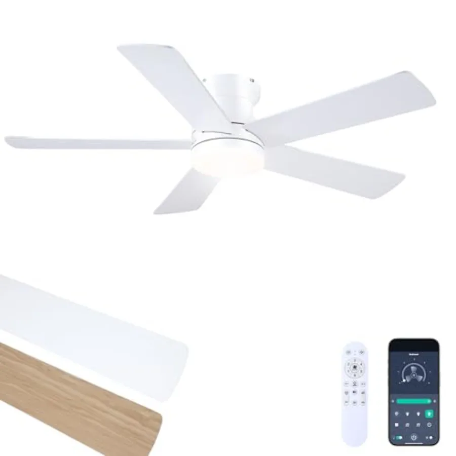 

48In Ceiling Fan with Light Flush Mount - White Low Profile Ceiling Fan Light with Remote/APP 5 Reversible Dual-Sided Blades Mo