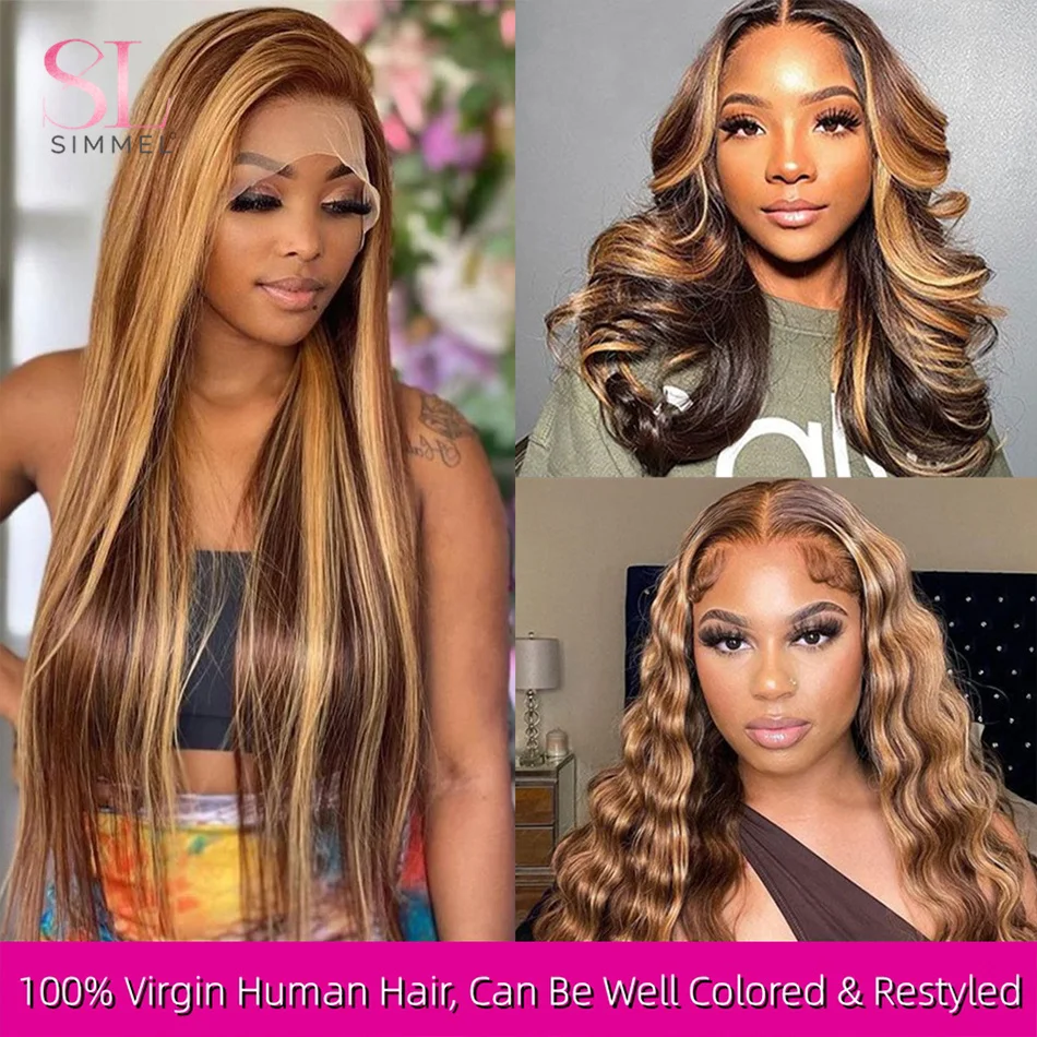 Malaysian P4/27 Highlight Straight Human Hair 13x4 Lace Front Wigs Pre Plucked Remy Hair Handmade Strong Swiss Lace Ombre Brown