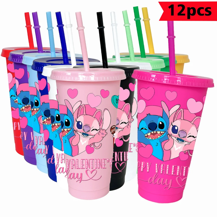 

12 шт./упак. Disney Stitch Angel 26 унций цветной пластиковый стакан для дня рождения, питьевая посуда, кружка для сока, кофе