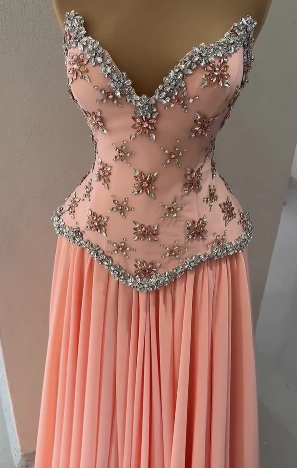 Pink V-Neck Faux-Layered Evening Dress With Crystal Neckline A-Line Dress Prom Dress Party and Holiday Dresses Customizable