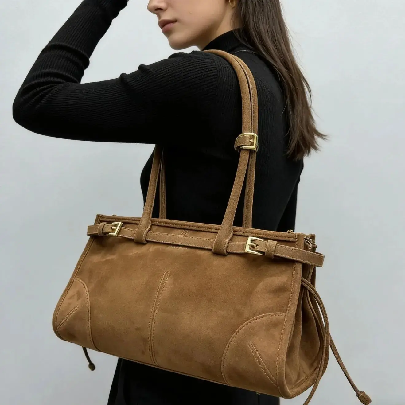 

Trendy Tan Suede Shoulder Bag for Women Ruched Detail with Dual Handles Casual Street Style Bag