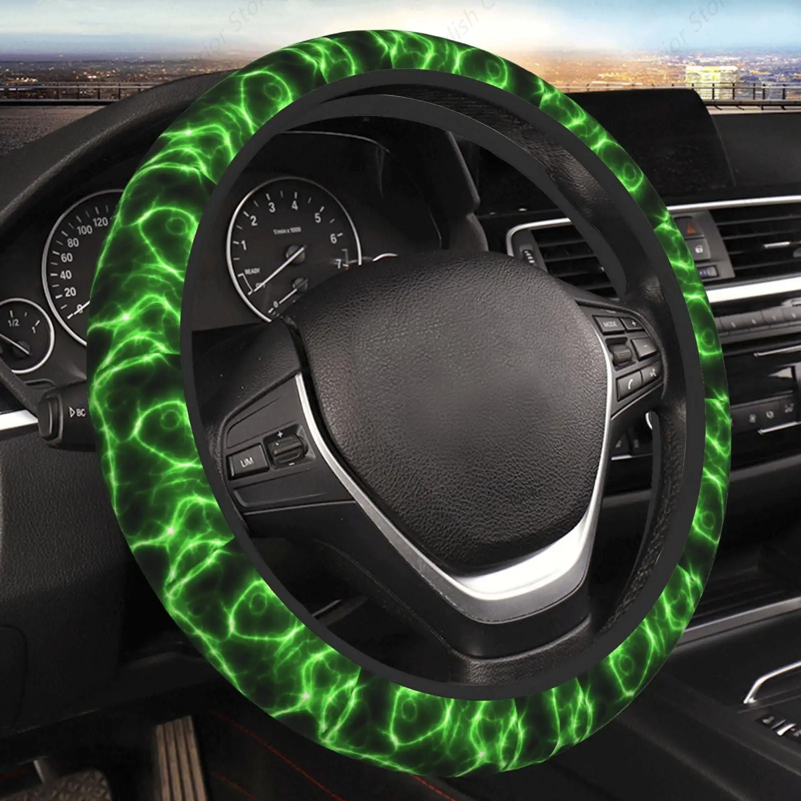 Green Lightning Elastic Steering Wheel Cover Car Accessories Non-Slip, Breathable and Sweat-Absorbent for Both Men and Women