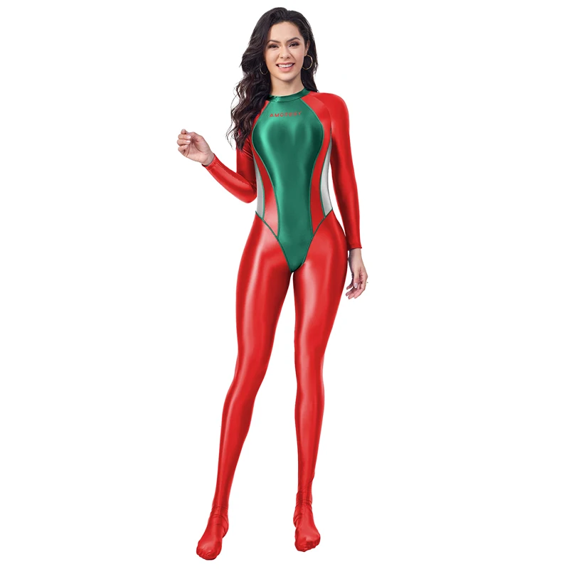 AMORESY Crystari Festive Spandex Long Sleeve Bodysuit Playsuits Catsuits Christmas Style Gift Bodysuit Jumpsuits