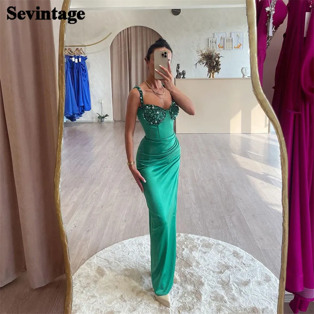 

Sevintage Green Satin Mermaid Prom Gowns Spaghetti Strap Sequined Pleated Ankle Length Party Dresses Women Evening Gowns Outfits