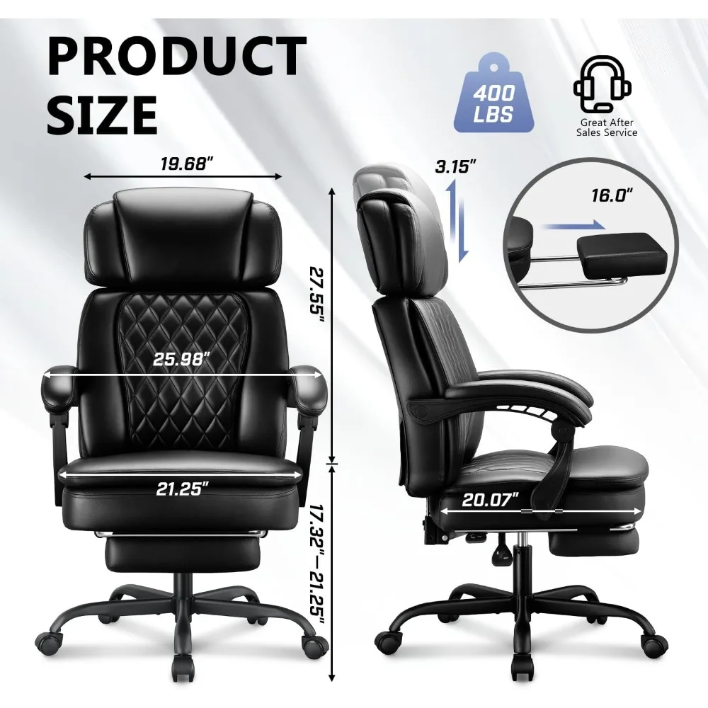 كرسي مكتب تنفيذي بوزن 400 رطل مع مسند للقدمين للأشخاص الثقيلين، كرسي مكتب مريح كبير وطويل مع مسند رأس قابل للتعديل