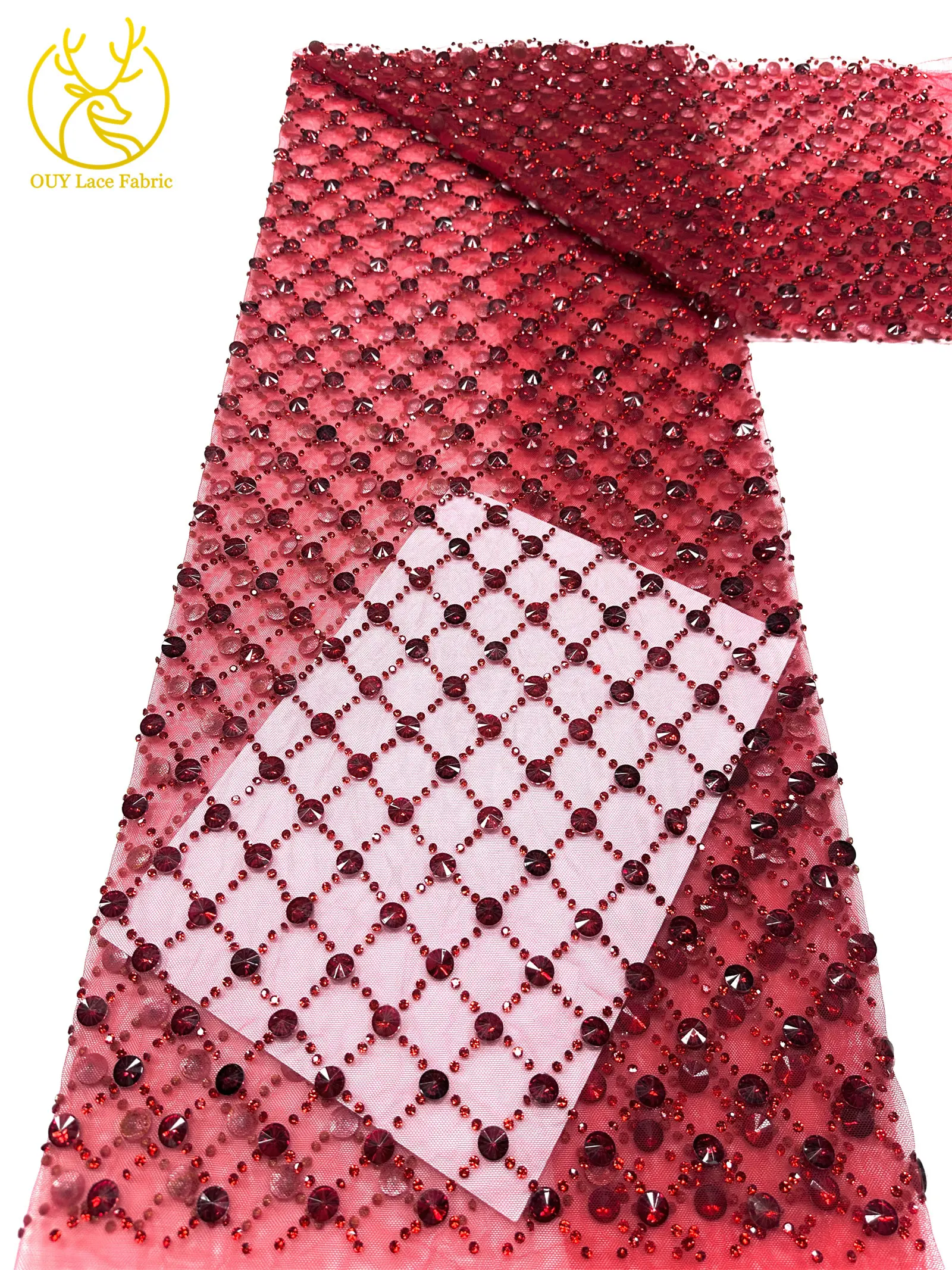 Hochwertiger, maßgefertigter, luxuriöser, handgefertigter Diamant-Mesh-Spitzenstoff 2026 – Afrikanischer Spitzenstoff, nigerianischer Stein-Tüll-Spitzenstoff für Partykleider zum Nähen – Detail 12