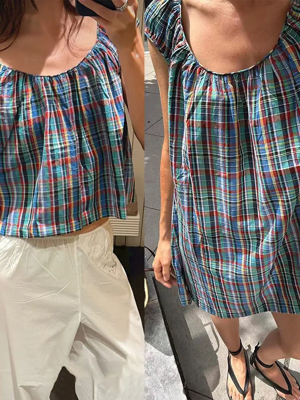 Loose Floral Print round Neck Dress Women's Summer Cotton Gingham Checkered Print Short Sleeve Casual School Style Dress
