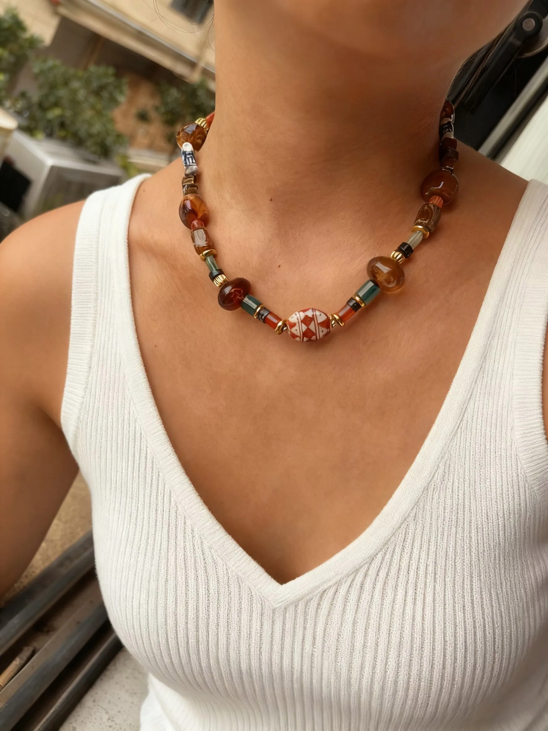 Peri'sbox Bohemian Style Unique Ceramic Natural Stone Resin Bead Women's Necklace Handmade Bead Classic Elegant Jewelry Gifts