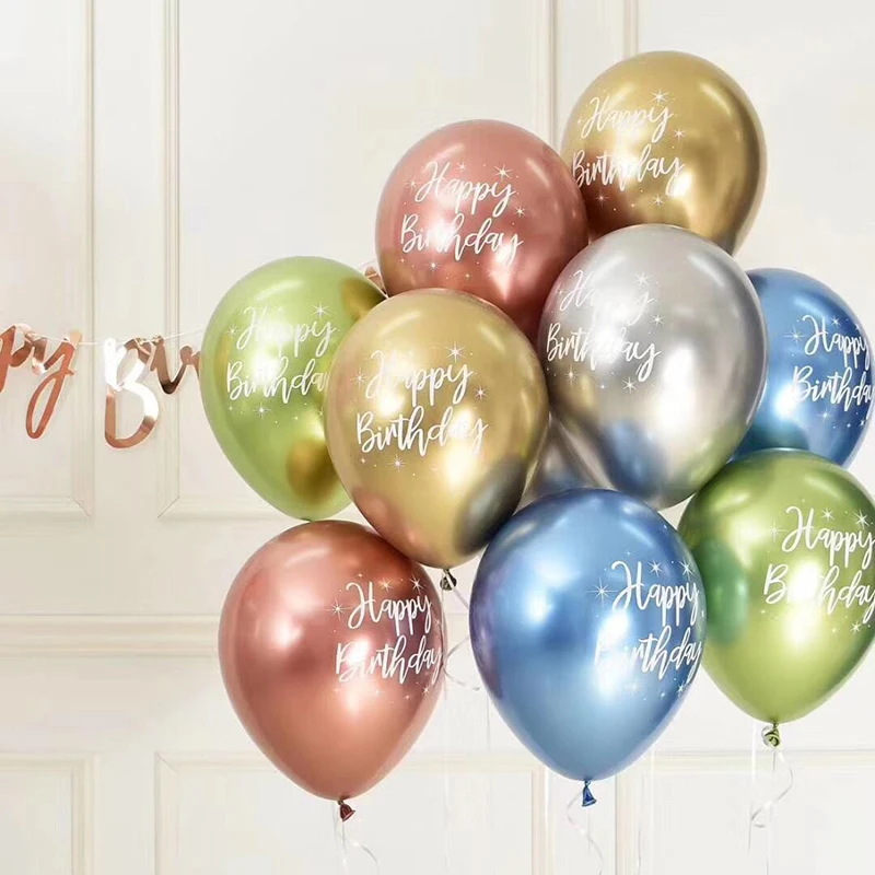 12inch Birthday Balloon Chrome Metallic Latex Balloons Happy Birthday Printed Pattern Ballon Metal Globos Birthday Party Decor