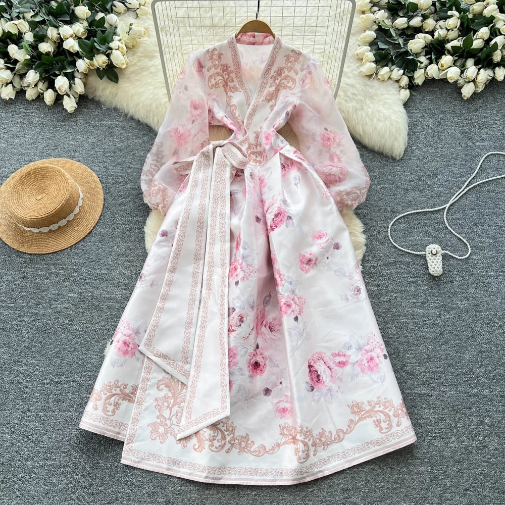 Clothland femmes élégant robe portefeuille en Satin à fleurs croix col en V à manches longues ceintures une ligne Vintage robes Maxi Vestido QE275