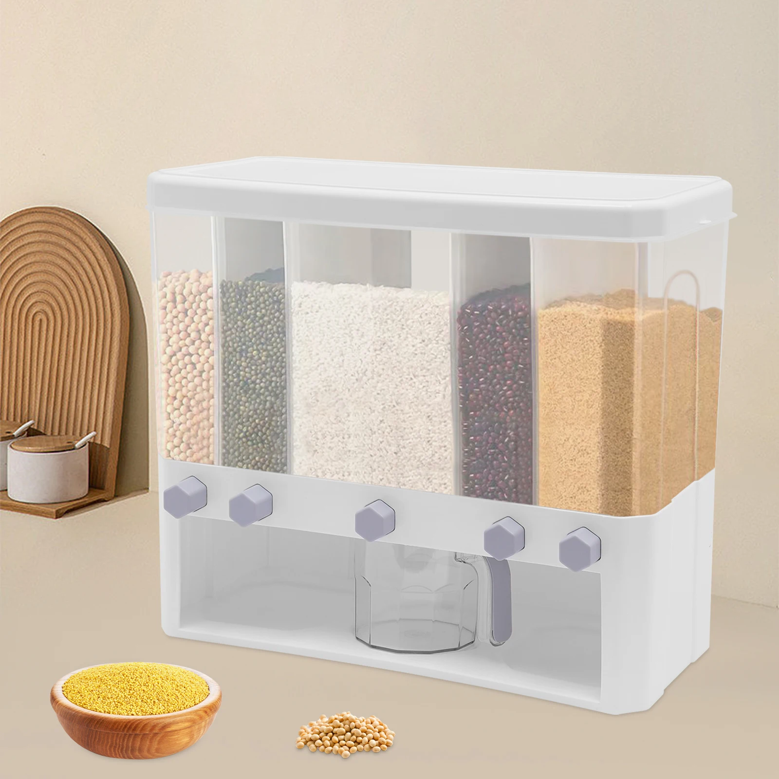 5 Compartments Grain Barrel with Measuring Cup Home Cereals Dispenser Kitchen Moisture Proof Storage Jar Organizer