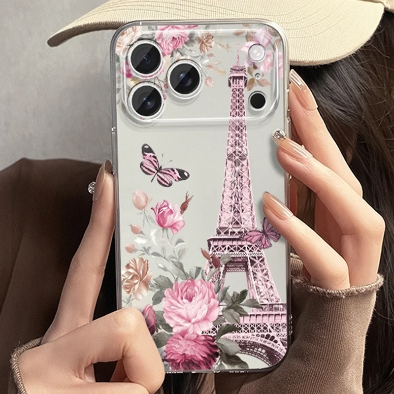 Paris Eiffel Tower Floral Pattern Clear Case For Samsung Galaxy A17 A26 A25 A24 A36 A56 S26 Ultra S25 FE S24 S23 S22 Plus Cover