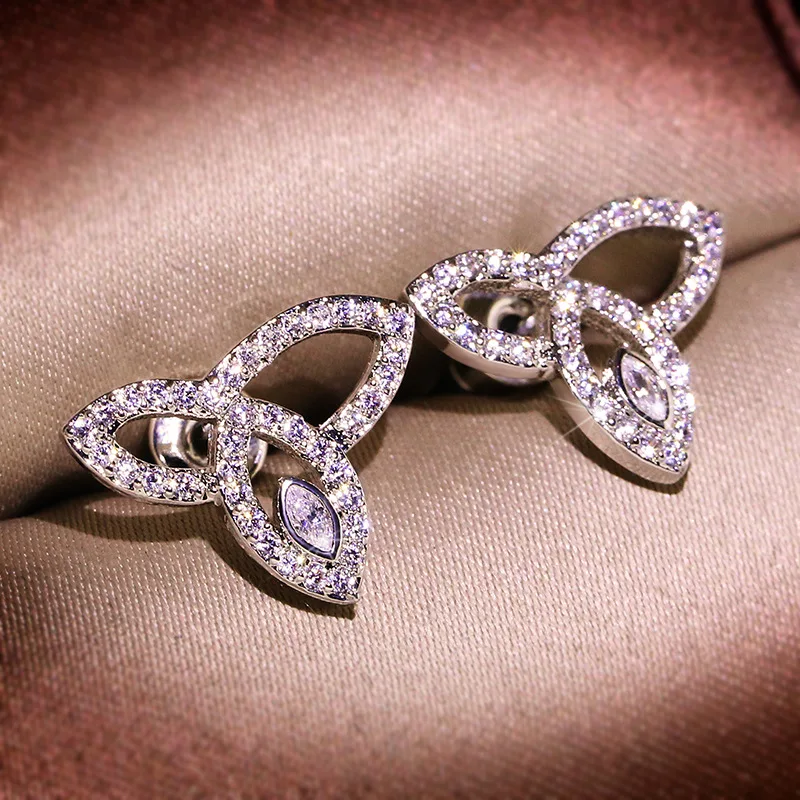 Exquisite Simple Diamond-Encrusted Zircon Bow Earrings 925 Silver Needles Sweet Clover Earrings Party Birthday Jewelry Gift