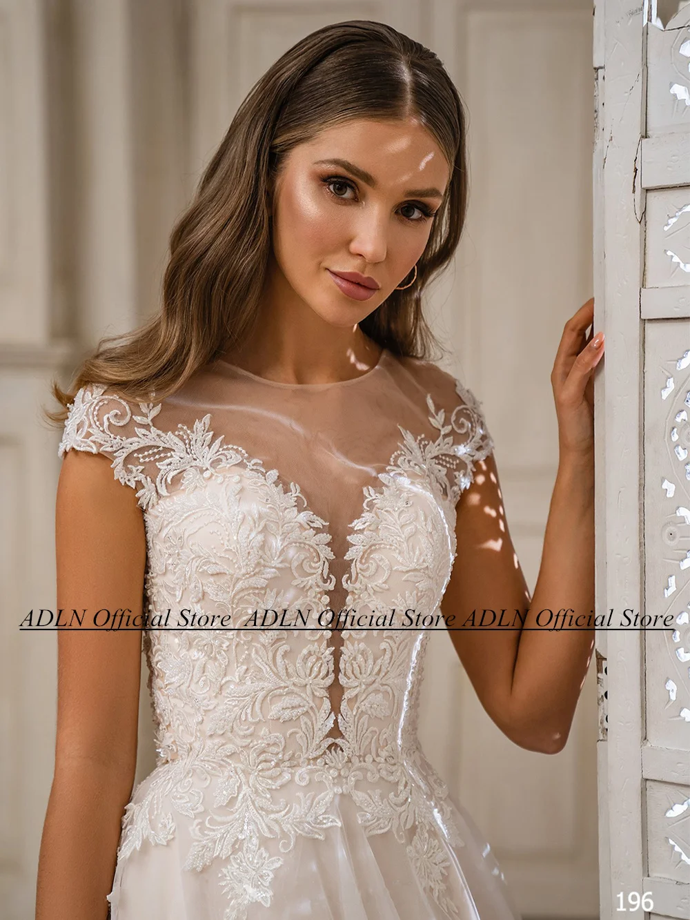 ADLN-Vestido De novia con cuello redondo y manga De casquillo, Vestido De novia con perlas, apliques De tren De barrido, De línea A Vestido De novia, tul Mariee