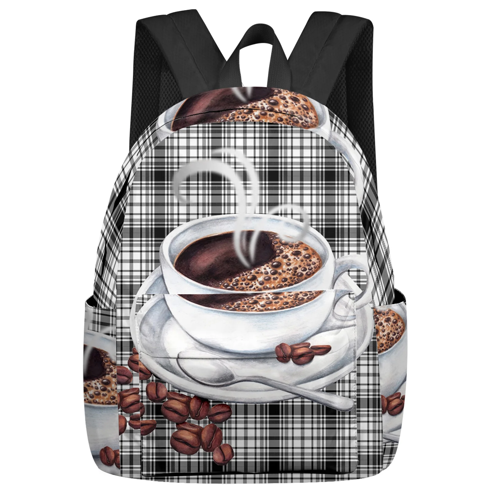 

Black And White Grid Coffee Beans Women Man Backpacks Waterproof School Backpack For Student Boys Girls Laptop Bags Mochilas