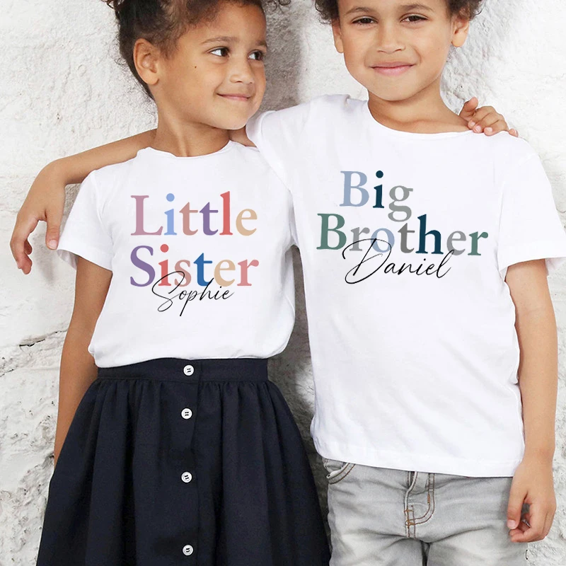 Big Brother Little Sister with Name Kid T-shirt Personalised Boy Girl Matching Outfit Tops Summer Sibling T Shirt Child Clothes