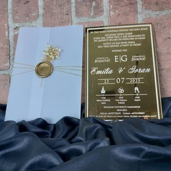 Custom Luxury Gold Mirror Plexiglass Acrylic Wedding Invitation Card With Wax Seal And Dried Flower For Quinceanera