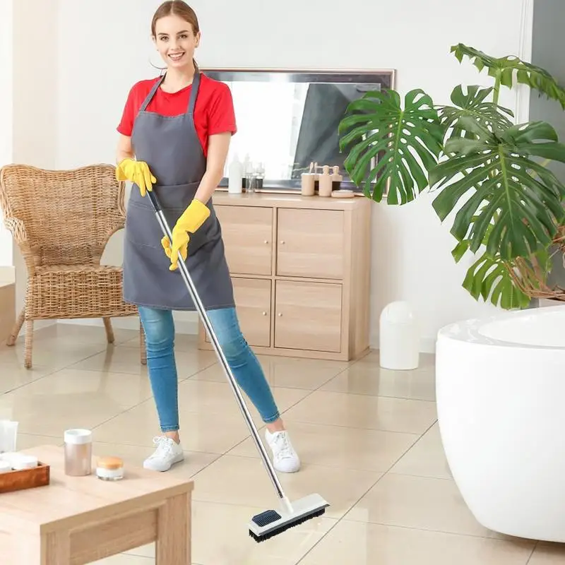 Floor Scrub Brush with Adjustable Long Handle 2 in 1 Scrape and Brush Stiff Bristle Bathroom Kitchen Floor Cleaning Brush