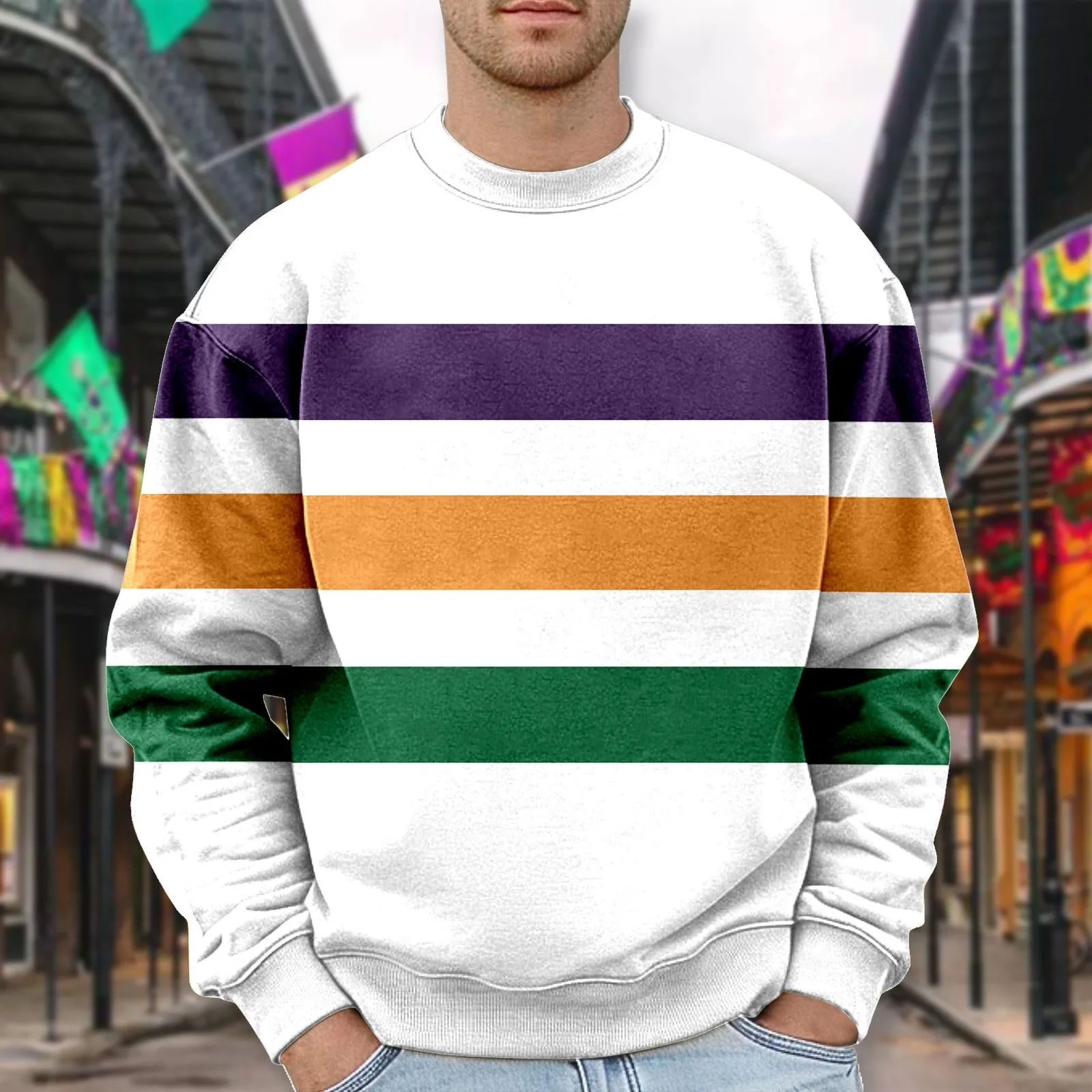 Men'S Us New Orleans Mardi Gras Themed Hoodless Sweatshirt Plus Size Hoodless Pullovers Oversized Print Holiday Clothing Tops