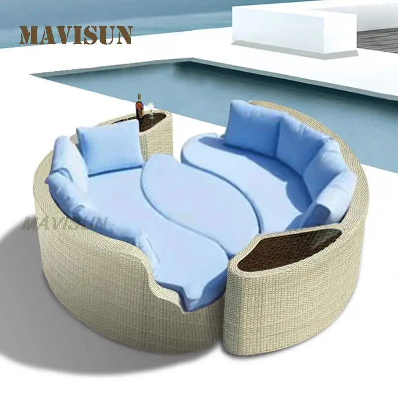 Rattan Outdoor Sofa Bed Furniture Sun Lounger For Courtyard Leisure Reclining Bed Balcony Wicker Chair Holiday Sun Room Recliner