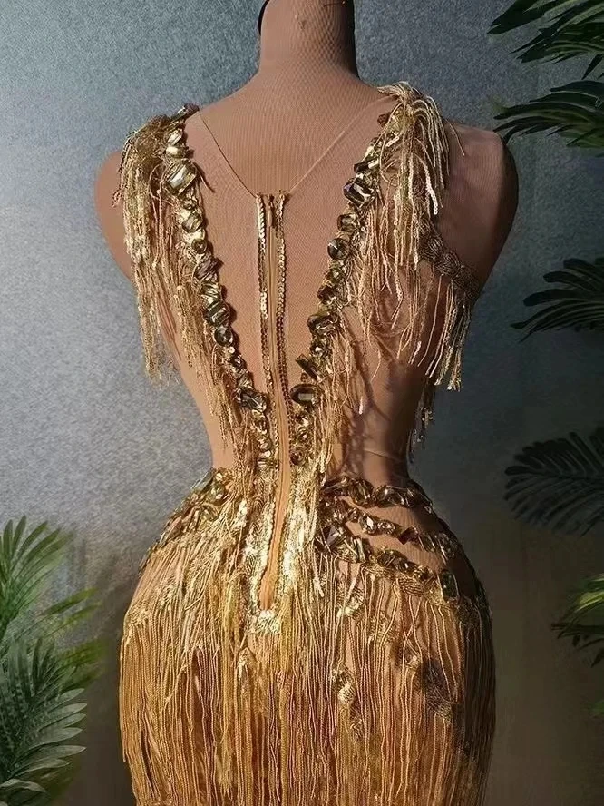 Robe Longue à Franges Dorées et Paillettes pour Femme, Tenue de Scène pour Chanteur, Rotterdam, Kly, ixd'Anniversaire, Boîte de Nuit, Bar, Drag Queen, 2023