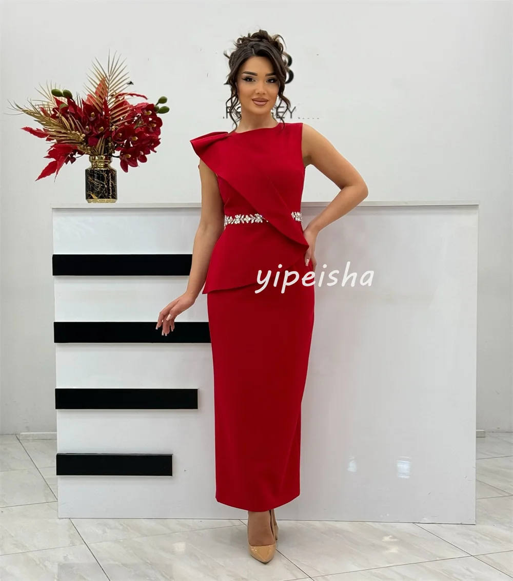 ที่กําหนดเองประณีต Elegant Jersey Rhinestone จีบ Ruched ตรงคอสูง Midi ชุด Bespoke โอกาสชุดแฟชั่น
