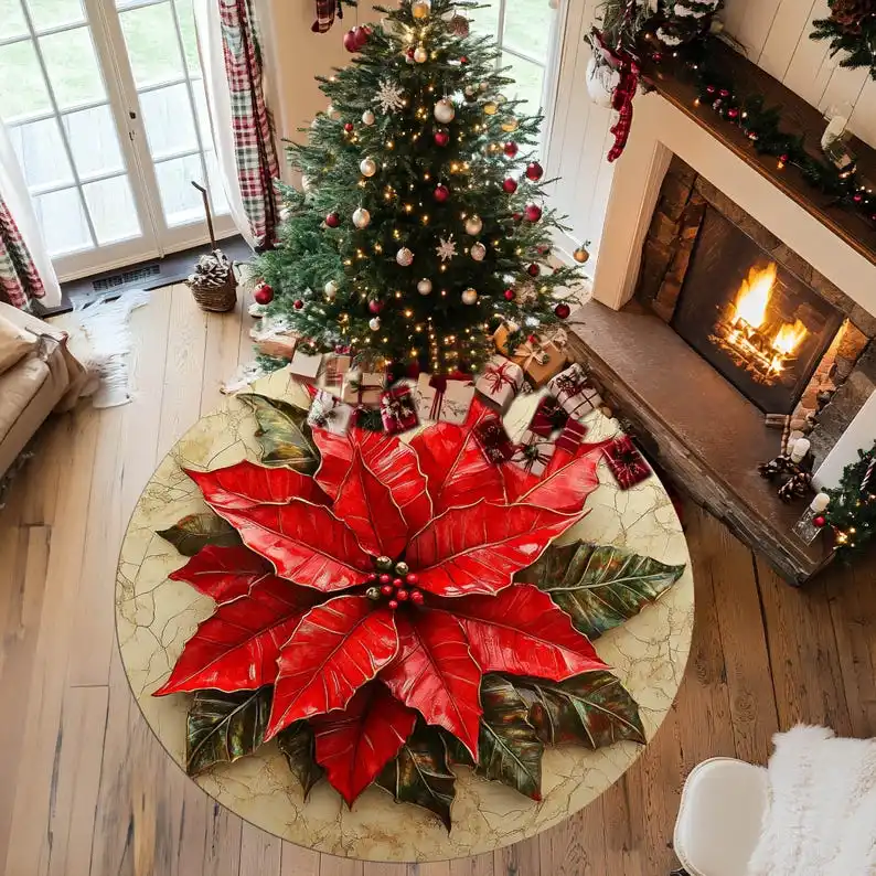 

Рождественский круглый ковер Poinsettia, декоративный праздничный коврик с цветком для гостиной, нескользящий рождественский домашний декор, подарок с красно-зеленым дизайном
